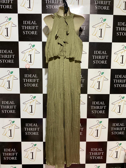 PETAL PUP |M| BUST 18| B28| PREMIUM OLIVE GREEN PLEATED HALTER NECK JUMPSUIT WITH WIDE-LEG TROUSERS