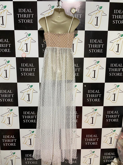 WHITE FOX | M| BUST 17| B28| CHIC MEETS WEST BEIGE MESH POLKA DOT MAXI DRESS