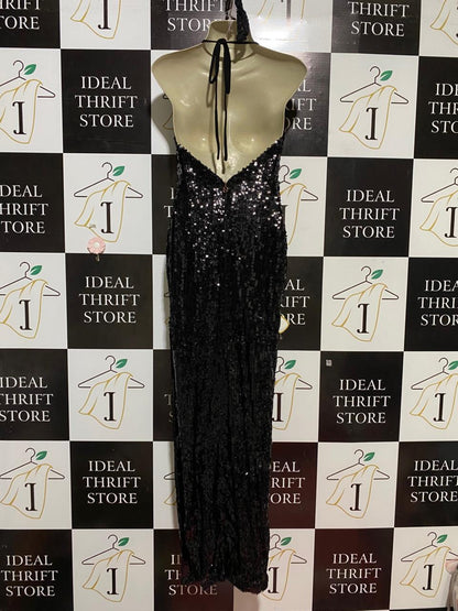 NOOKIE |S| BUST 16| B28| PREMIUM BLACK COWL-NECK BACKLESS SHIMMER SEQUIN EVENING LONG MAXI DRESS