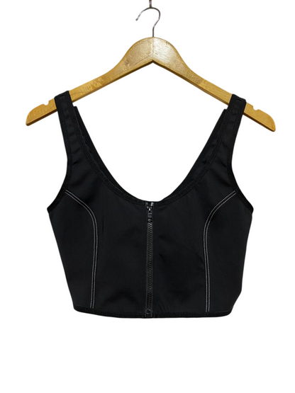 THE UPSIDE |XS| BUST 14| B29| PREMIUM BLACK ZIP-FRONT CROP TOP WORKOUT SPORTS BRA WITH WHITE STITCHING