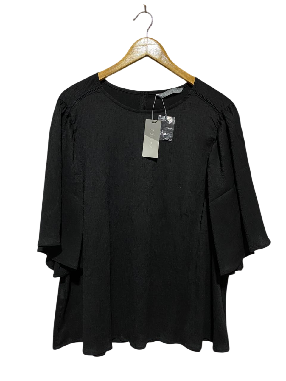KATIES |XL| BUST 25| B29| BLACK CRINKLE TEXTURED FLUTER SLEEVE CASUAL BLOUSE SHIRT