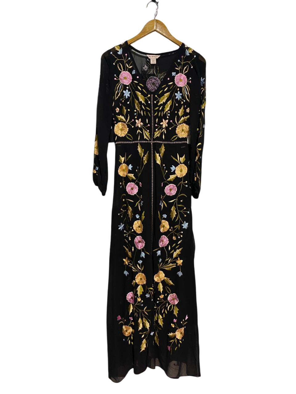 MISS SELFIDGE |S| BUST 15| B29| ELEGANT BLACK FLORAL EMBROIDERED MAXI DRESS WITH LONG SLEEVES
