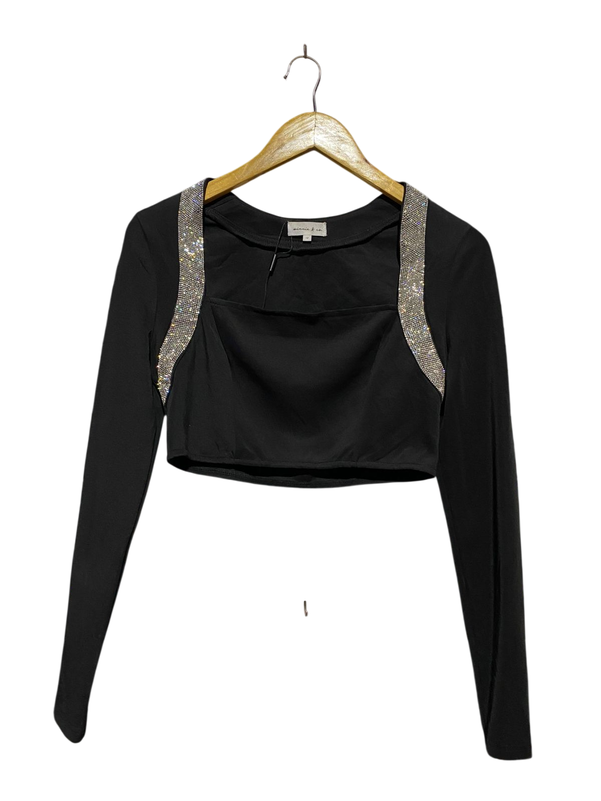 WINNIE |M| BUST 16| B29| BLACK LONG SLEEVE CROP TOP WITH RHINESTONE EMBELLISHMENT