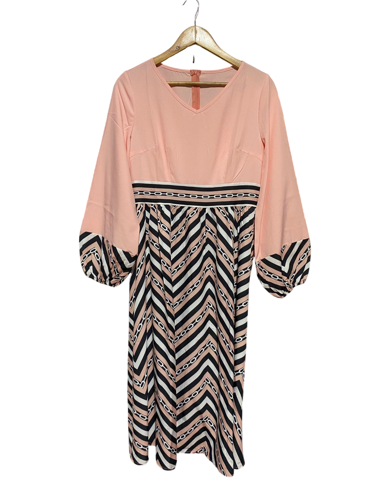SHEIN |M| BUST 18| B29| PREMIUM PEACH AND GEOMETRIC PRINT MIDI DRESS WITH BALLOON SLEEVES