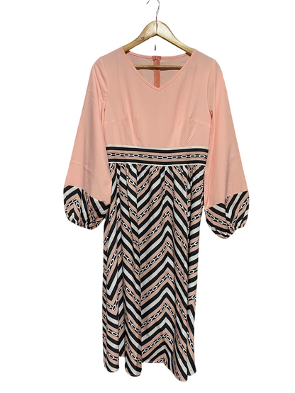 SHEIN |M| BUST 18| B29| PREMIUM PEACH AND GEOMETRIC PRINT MIDI DRESS WITH BALLOON SLEEVES