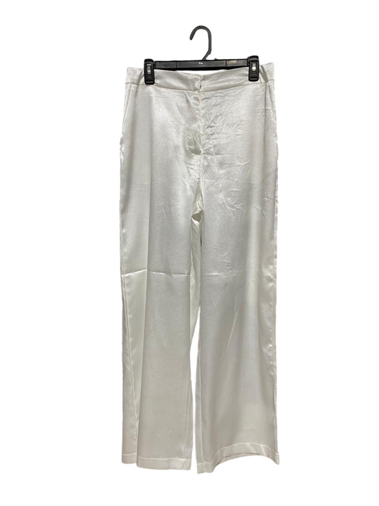 |L| WAIST 31| B29| PREMIUM SHIMMERING SILV-WHITE SATIN WIDE-LEG TROUSERS
