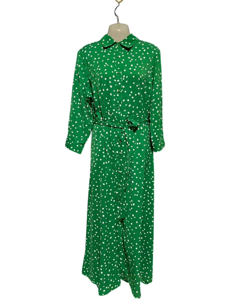 SAMBARA |L| BUST 20| B29| PREMIUM VIBRANT GREEN POLKA DOT BUTTON-DOWN MAXI DRESS WITH BELT