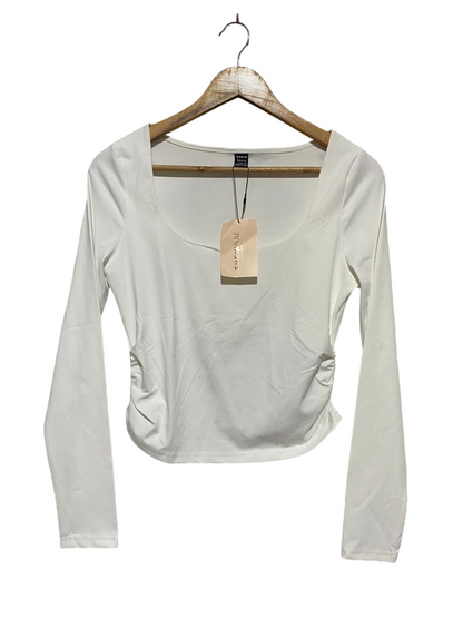 SHEIN |L| BUST 16| B29| PREMIUM OFF-WHITE SCOOP NECK RUFFLED LONG-SLEEVE TOP