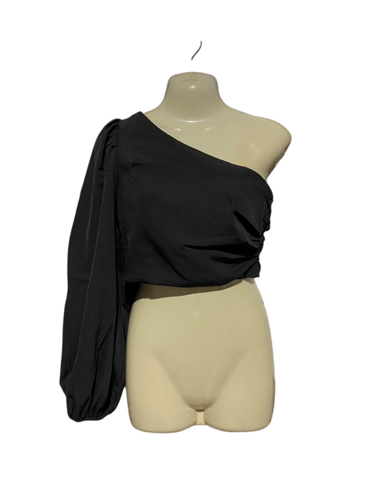 SHAREEN |M| BUST 17| B29| BLACK ONE-SHOULDER STATEMENT CROP TOP WITH BALLOON SLEEVE