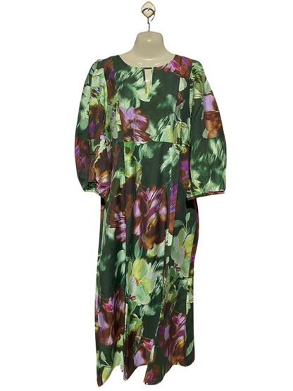 SISSAN |L| BUST 20| B29| PREMIUM EMERALD GREEN VIBRANT FLORAL PUFF SLEEVE MAXI DRESS WITH KEYHOLE