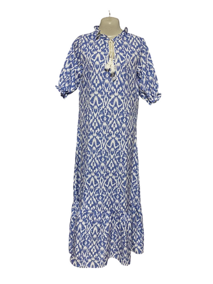 |M| BUST 18| B29| PREMIUM BLUE & WHITE IKAT PRINT MAXI DRESS WITH TASSEL TIES