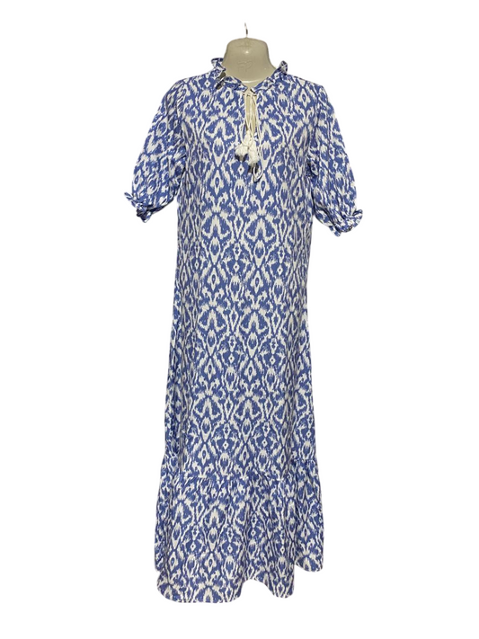 |M| BUST 18| B29| PREMIUM BLUE & WHITE IKAT PRINT MAXI DRESS WITH TASSEL TIES