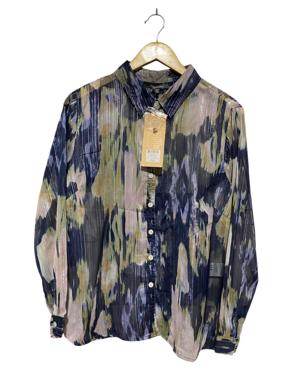 LIZ JORDAN |M| BUST 21| B29| METALLIC VERTICAL STRIPE ABSTRACT BUTTON-DOWN BLOUSE