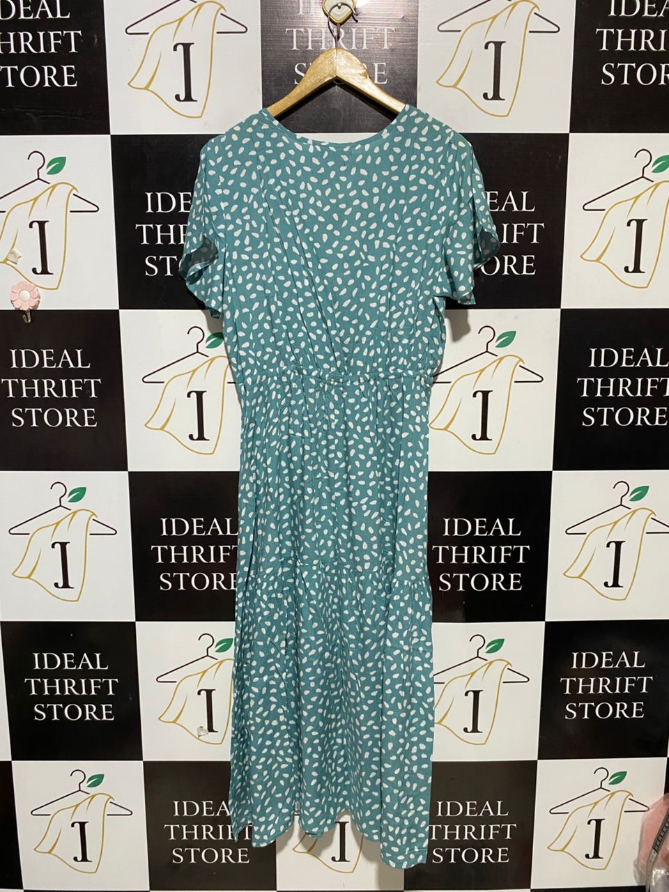 ST FROCK |XL|BUST 20| B29| TEAL BLUE POLKA DOT SHORT SLEEVE MIDI DRESS