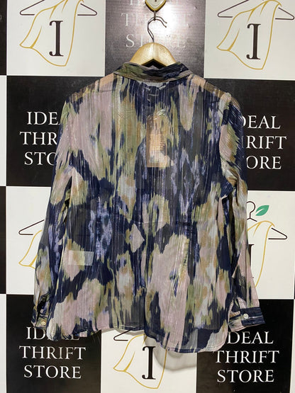 LIZ JORDAN |M| BUST 21| B29| METALLIC VERTICAL STRIPE ABSTRACT BUTTON-DOWN BLOUSE