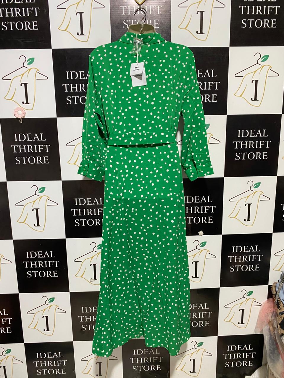 SAMBARA |L| BUST 20| B29| PREMIUM VIBRANT GREEN POLKA DOT BUTTON-DOWN MAXI DRESS WITH BELT