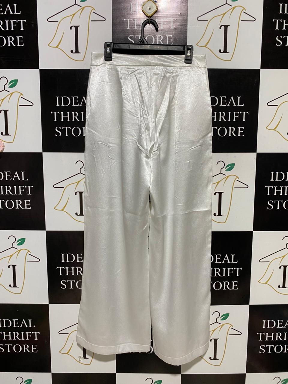 |L| WAIST 31| B29| PREMIUM SHIMMERING SILV-WHITE SATIN WIDE-LEG TROUSERS
