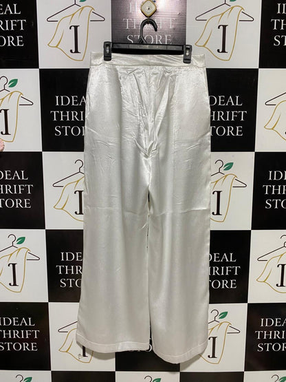 |L| WAIST 31| B29| PREMIUM SHIMMERING SILV-WHITE SATIN WIDE-LEG TROUSERS