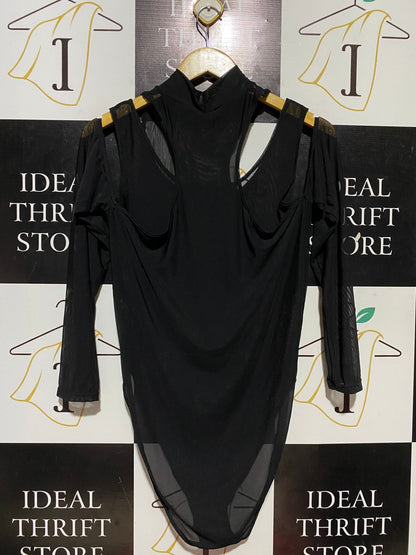BLACK MILK |M| BUST 17| B29| BLACK MOCK-NECK COLD-SHOULDER CUTOUT BODYSUIT