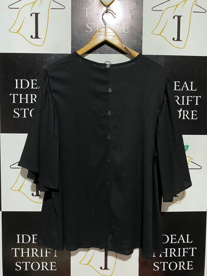 KATIES |XL| BUST 25| B29| BLACK CRINKLE TEXTURED FLUTER SLEEVE CASUAL BLOUSE SHIRT