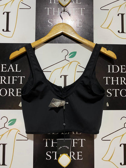 THE UPSIDE |XS| BUST 14| B29| PREMIUM BLACK ZIP-FRONT CROP TOP WORKOUT SPORTS BRA WITH WHITE STITCHING
