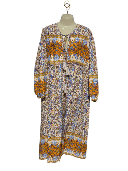 R VIVIMO |L| BUST 22| B30| WOMEN'S BOHO PAISLEY FLORAL PRINT MAXI PEASANT DRESS WITH TASSEL TIES