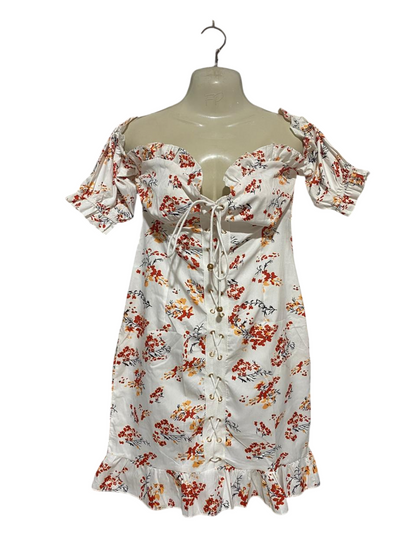 MINX & MOSS |XS| BUST 13| B30| WOMEN'S FLORAL OFF-SHOULDER LACE-UP FRONT MINI DRESS
