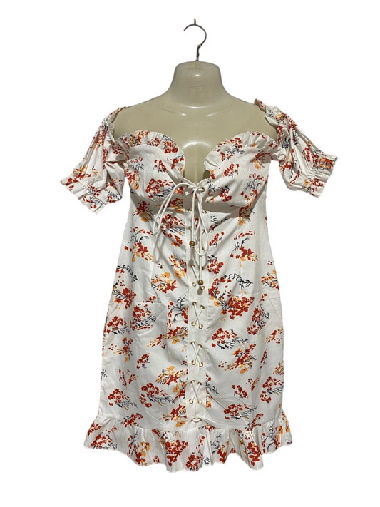 MINX & MOSS |XS| BUST 13| B30| WOMEN'S FLORAL OFF-SHOULDER LACE-UP FRONT MINI DRESS