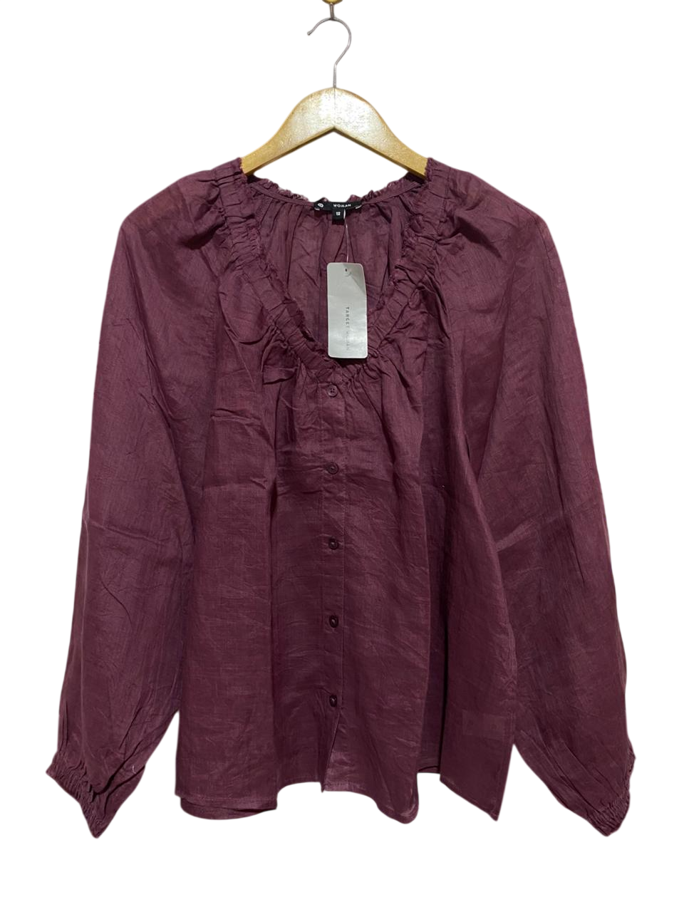 WOMAN ACTIVE |M| BUST 24| B30| RUFFLED V-NECK LONG SLEEVE LINEN BLOUSE