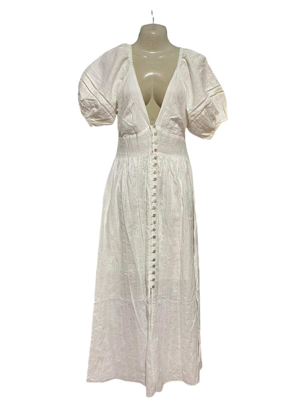 PEARL SEA |S| BUST 15| B30| WHITE PLUNGE V-NECK BUTTON-DOWN MAXI DRESS