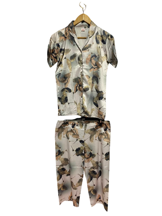 GIRLS |L| B30| PREMIUM LUXURY SATIN BOTANICAL LEAF LOUNGEWEAR SUIT