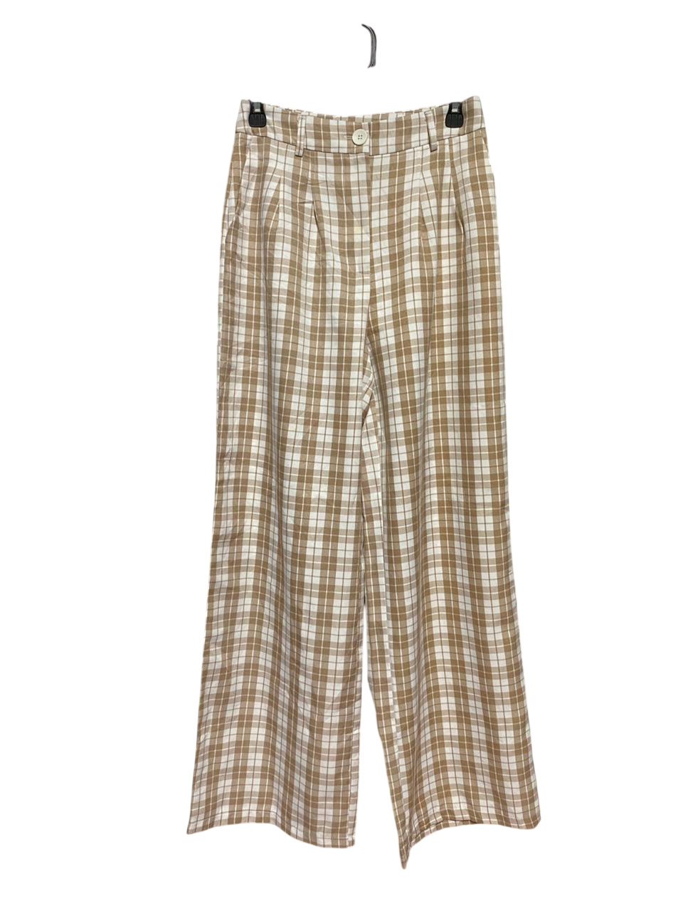 |S| WAIST 26| B30| PREMIUM HIGH-WAISTED WIDE-LEG PLAID TROUSERS IN TAN AND WHITE