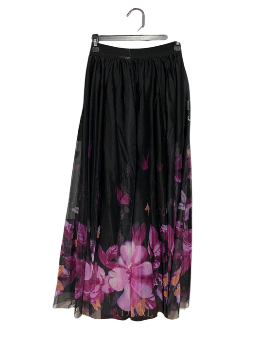 |XS| WAIST 24| B30| BLACK FLORAL MESH MIDI SKIRT FOR WOMEN
