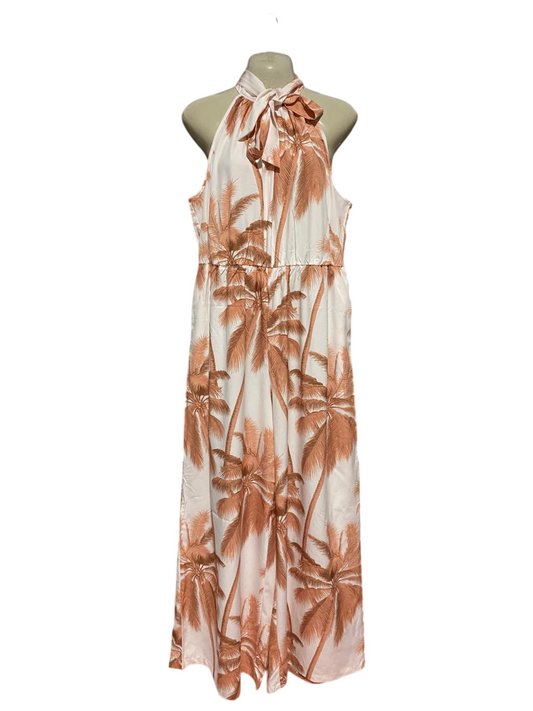 SHEIN CURVE |XL| BUST 21| B30| PREMIUM TROPICAL PALM PRINT HALTER-NECK JUMPSUIT WITH TIE-COLLAR
