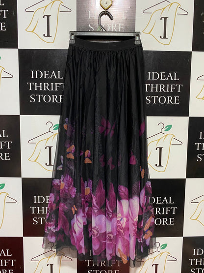 |XS| WAIST 24| B30| BLACK FLORAL MESH MIDI SKIRT FOR WOMEN