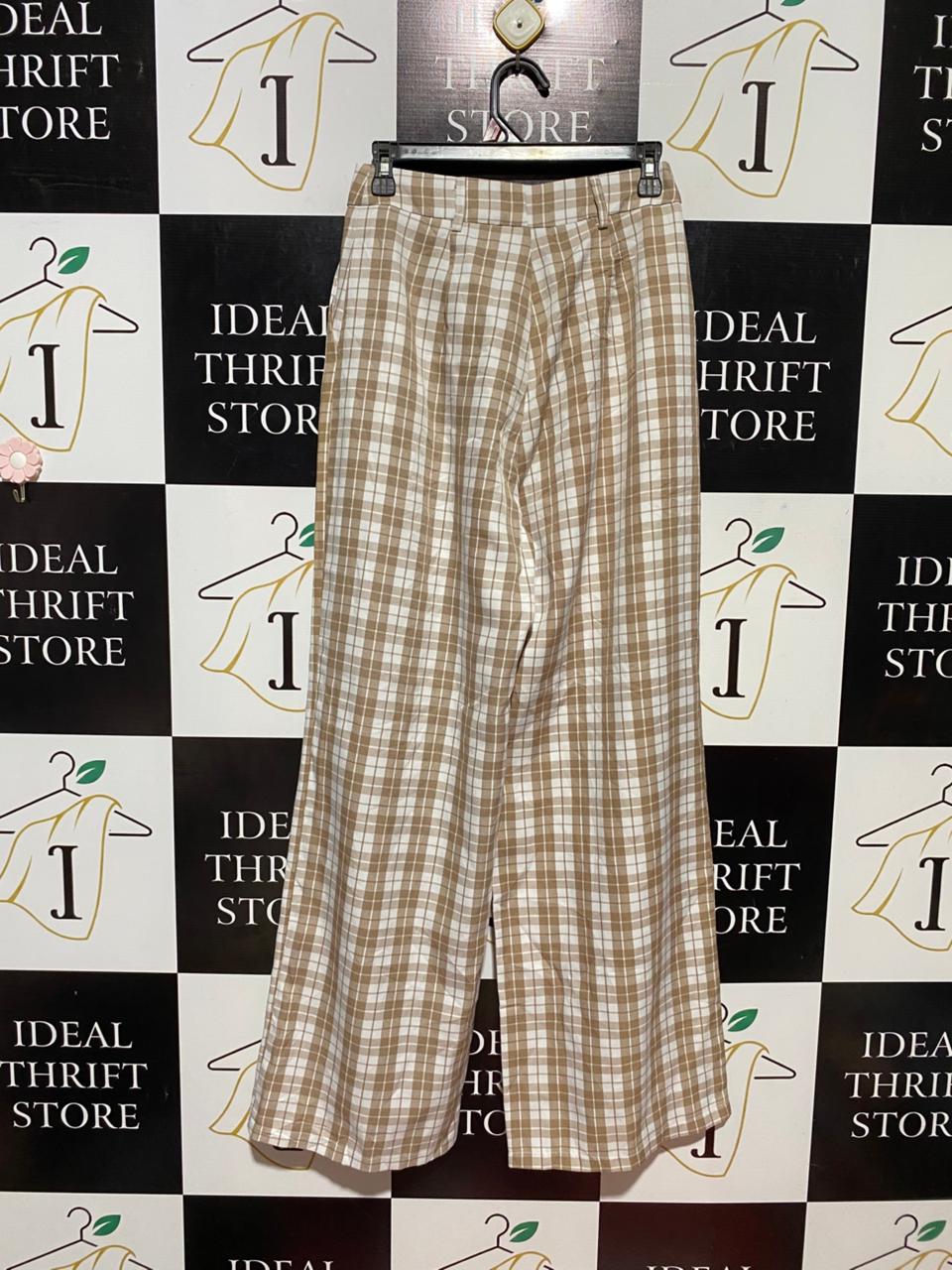 |S| WAIST 26| B30| PREMIUM HIGH-WAISTED WIDE-LEG PLAID TROUSERS IN TAN AND WHITE
