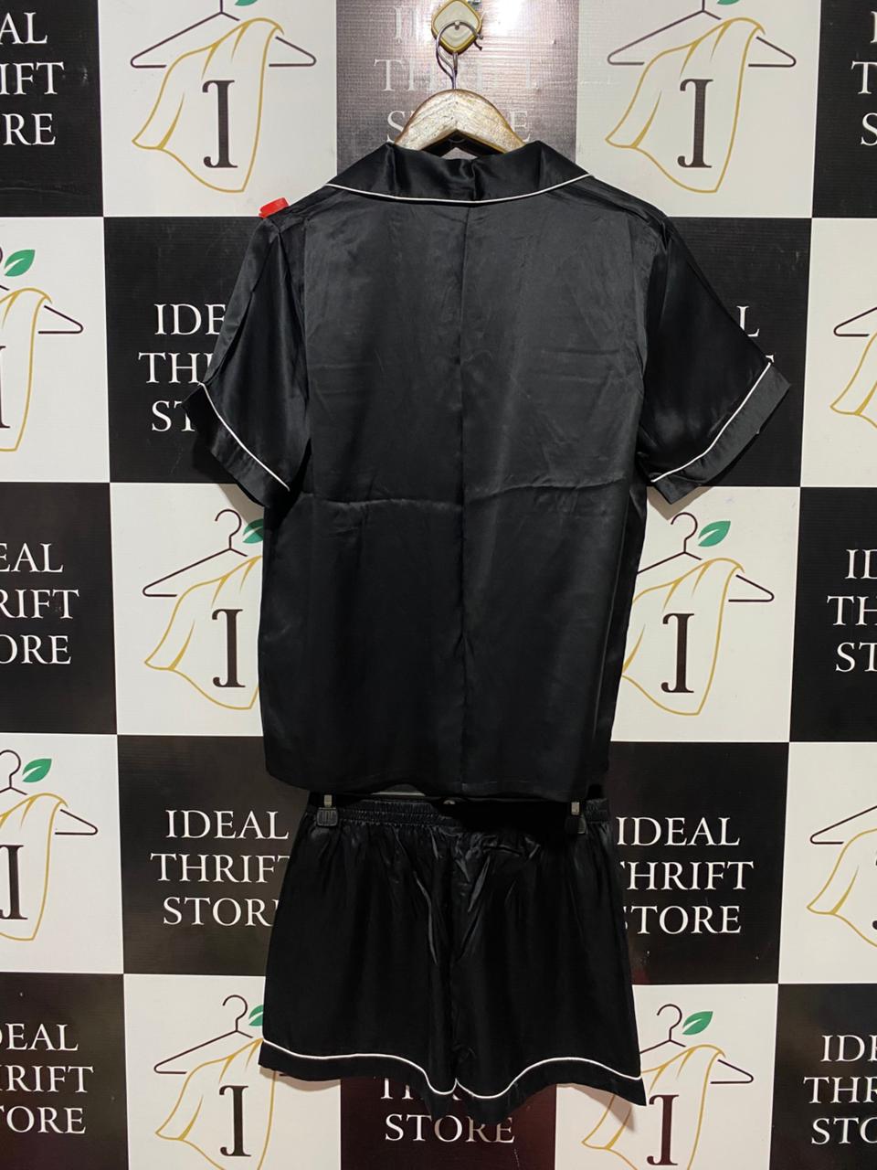 SILKSILKY |S| B30| PREMIUM LUXURY JET BLACK SATIN LOUNGEWEAR CO-ORD SET