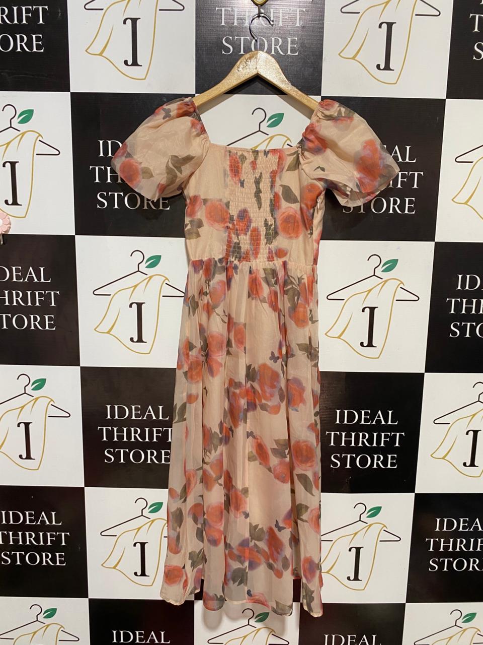 MENGMENGJIA |S| BUST 14| B30| WOMEN'S FLORAL PRINT SWEETHEART NECK MIDI DRESS WITH PUFF SLEEVES