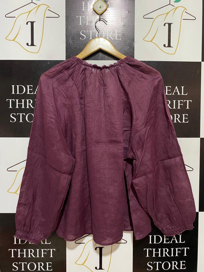 WOMAN ACTIVE |M| BUST 24| B30| RUFFLED V-NECK LONG SLEEVE LINEN BLOUSE