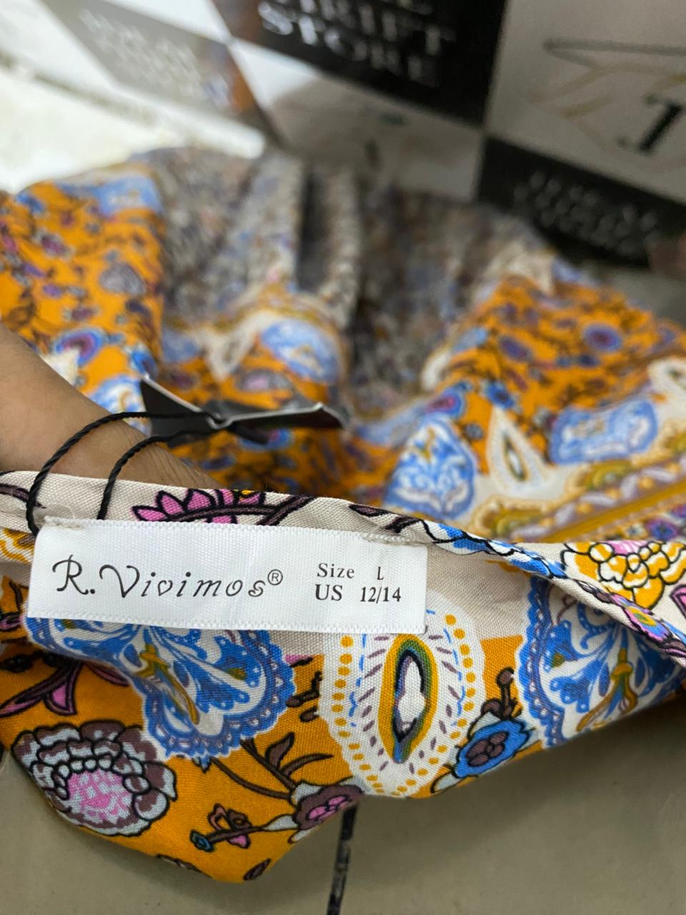 R VIVIMO |L| BUST 22| B30| WOMEN'S BOHO PAISLEY FLORAL PRINT MAXI PEASANT DRESS WITH TASSEL TIES