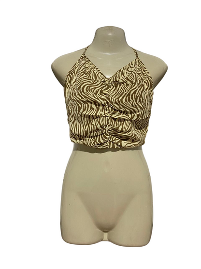 SAMPLE |S| BUST 14| B30| BROWN AND CREAM ZEBRA PRINT HALTER CROP TOP