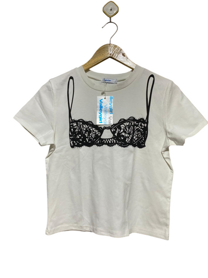 VALLEY GIRL |L| BUST 18| B30| WHITE T-SHIRT WITH LACE BRA PRINT