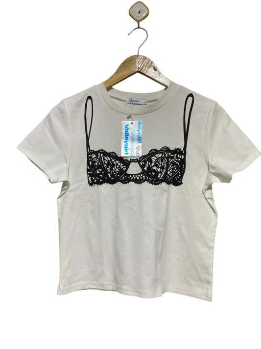 VALLEY GIRL |L| BUST 18| B30| WHITE T-SHIRT WITH LACE BRA PRINT