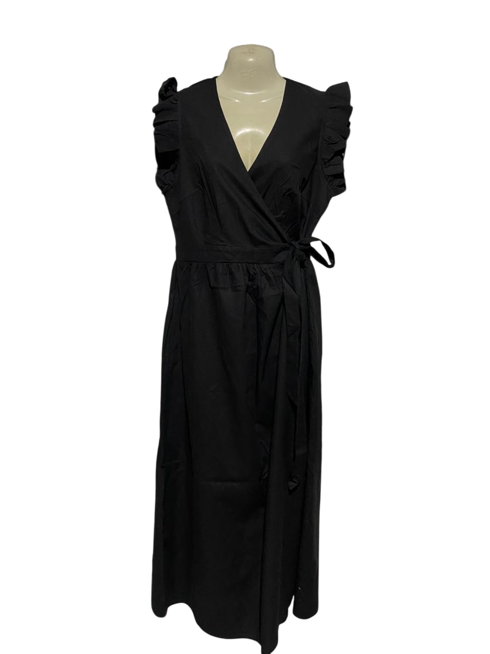 ATMOS & HERE |M| BUST 18| B30| BLACK RUFFLE SLEEVE WRAP MIDI DRESS