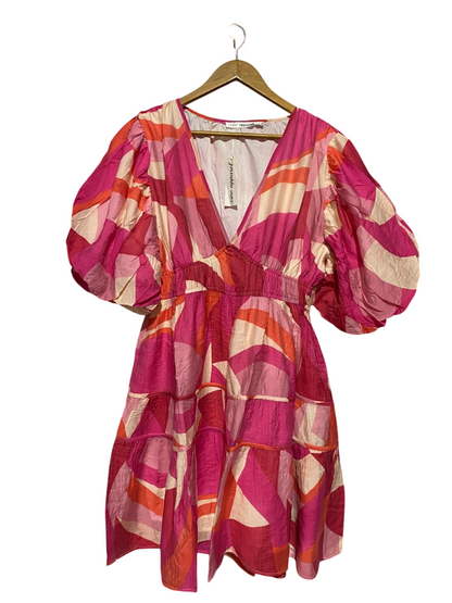 VINE APPAREL |L| BUST 19| B31| PINK ABSTRACT PUFF SLEEVE MINI DRESS