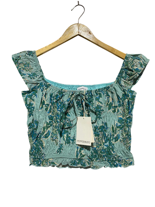 PEPPER MAYO |M| BUST 17| B31| SAGE GREEN FLORAL SMOCKED CROP TOP