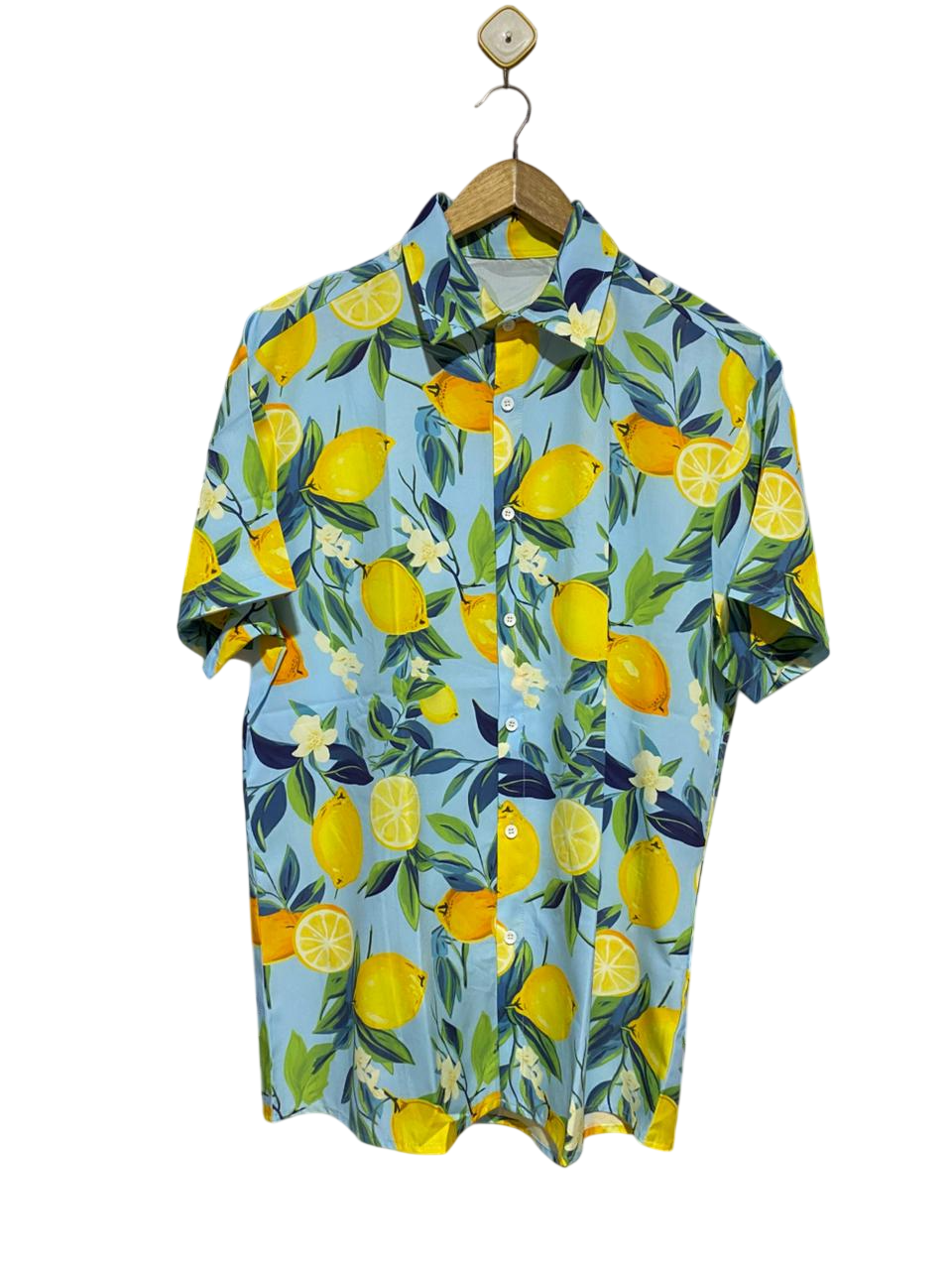 |L| BUST 23| B31| VIBRANT SKY BLUE LEMON PRINT SHORT SLEEVE BUTTON