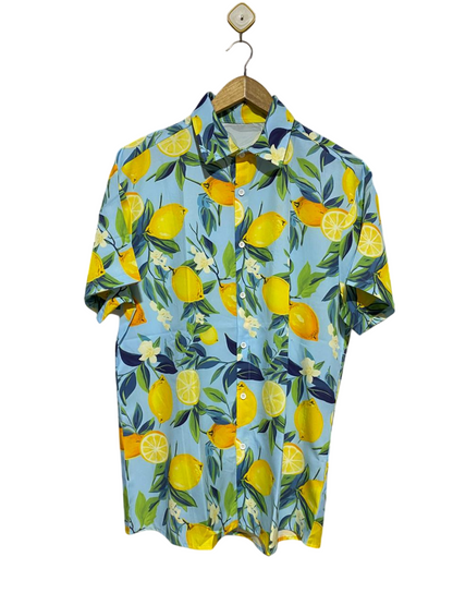 |L| BUST 23| B31| VIBRANT SKY BLUE LEMON PRINT SHORT SLEEVE BUTTON