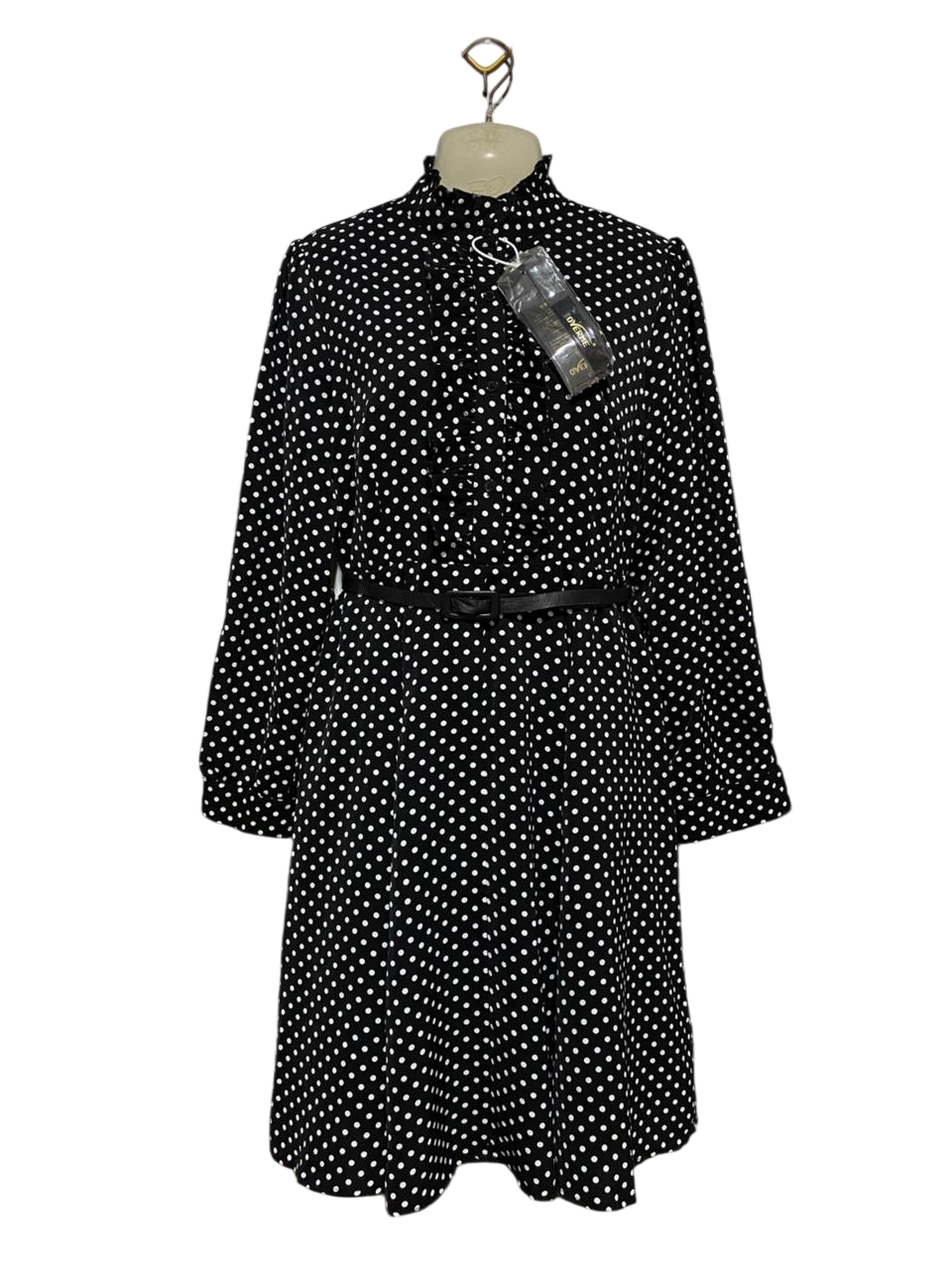 OVERME |M| BUST 18| B31| POLKA DOT RUFFLE NECK MIDI DRESS WITH BELT BLACK
