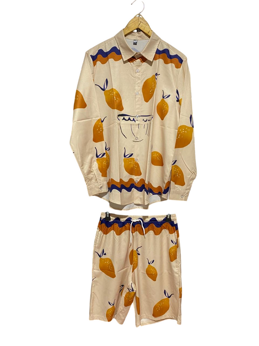|M| B31| UNISEX ABSTRACT LEMON PRINT BUTTON-DOWN SHIRT AND SHORTS TWO-PIECE SET